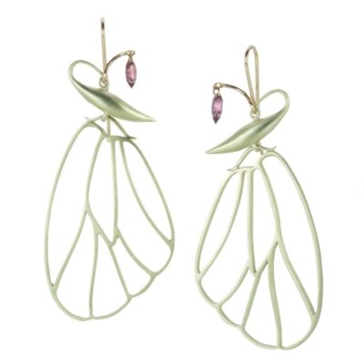 Earrings Gabriella Kiss  | 14K Butterfly Cell Wing Earrings With Garnet Drops