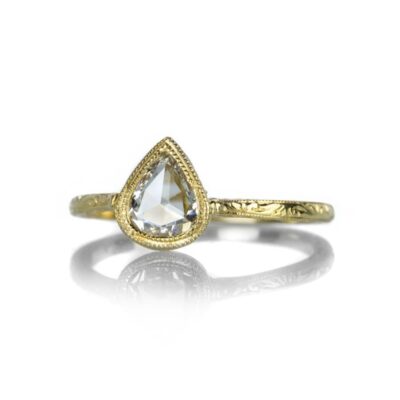 Rings Diana Mitchell  | Pear Rose Cut Diamond Engraved Cathedral Ring