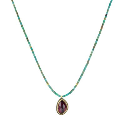 Necklaces Ananda Khalsa  | Heishi Turquoise Bead Necklace With Garnet Pendant