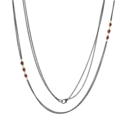 Necklaces Amali  | Mixed Metal Triple Ruby Textile Station Necklace