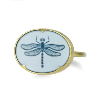 Rings Gabriella Kiss  | White Green Agate Ring With Dragonfly Intaglio