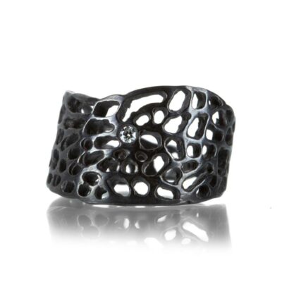 Rings Annette Ferdinandsen  | Oxidized Sea Fan Ring With Diamond