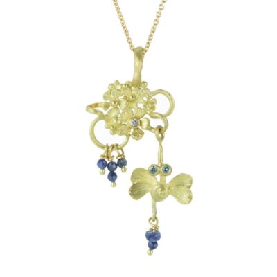 Necklaces Lene Vibe  | Golden Floral Pendant With Sapphire (Pendant Only)