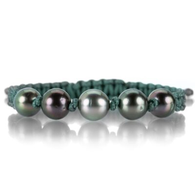 Bracelets Gellner  | Dark Green Macrame Bracelet With 5 Tahitian Pearls