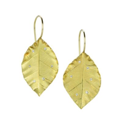 Earrings Barbara Heinrich  | Poplar Leaf Earrings With Scattered Diamonds