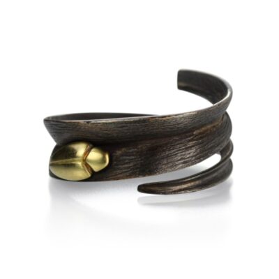 Rings Gabriella Kiss  | Bronze Blade Of Grass Ring With Gold Beetle